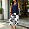 Damskie Zestawy 2-częściowe Plus Size Bez rękawów Dekolt V Top na ramiączkach i Spodnie Cropped w kwiaty Zestaw Letnie Stroje do wypoczynku