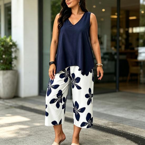 Damskie Zestawy 2-częściowe Plus Size Bez rękawów Dekolt V Top na ramiączkach i Spodnie Cropped w kwiaty Zestaw Letnie Stroje do wypoczynku