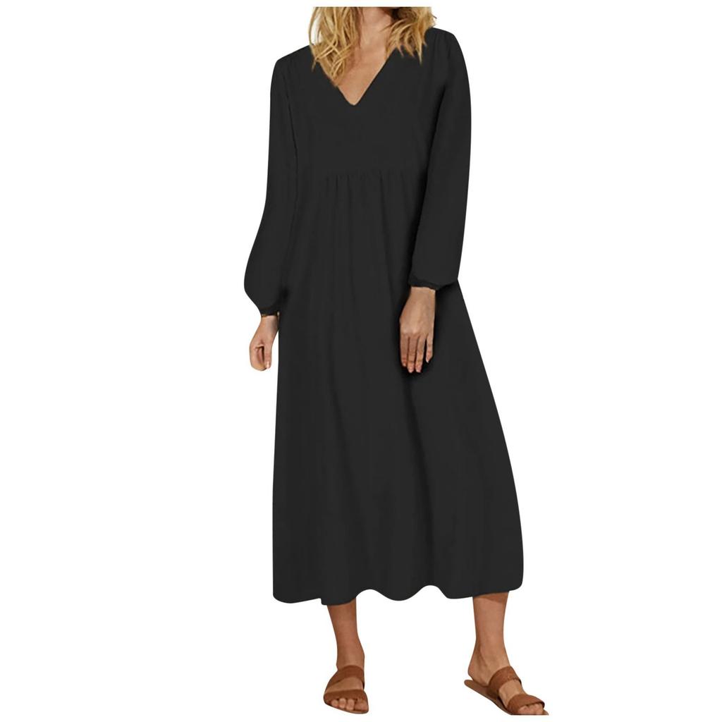 Women's Summer And Fashion V-neck Cotton Linen Loose Sleeves Long Sleeve Dress