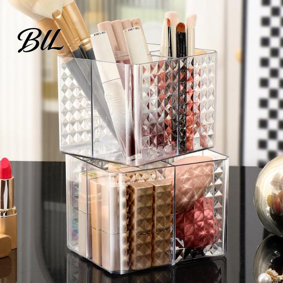 Organized Vanity Accessories Transparent Acrylic Makeup Brush Organizer, Multi-Compartment Storage Bin, Modern Stable Plastic Cosmetic Display
