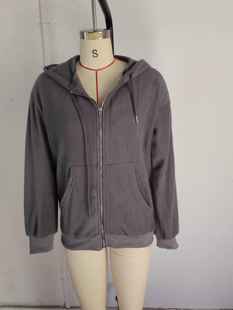 2025 Solid Color Fleece Hooded Long Sleeve Loose Zipper Jacket