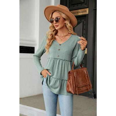 Spring and Autumn Women's Blouse V-neck Solid Color Button Patchwork Long Sleeve Loose Top