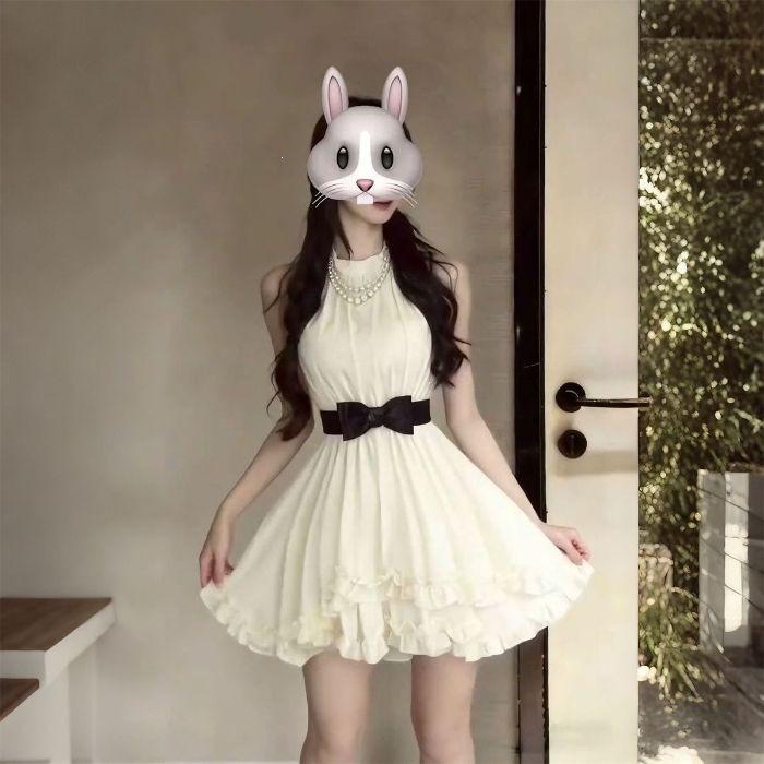 Retro daughter wind lace splicing neck dress temperament ruffle edge bow waist thin a word short skirt S