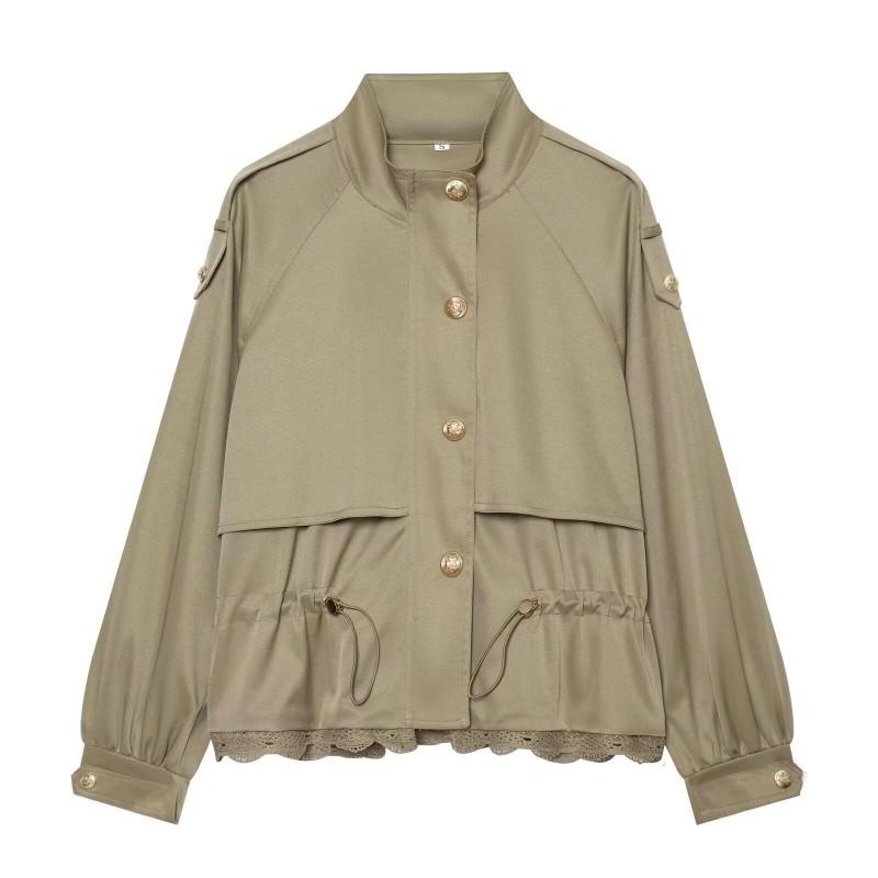 2026 Womens Streetwear Lace Patchwork Stand Collar Cargo Jacket W04 8228