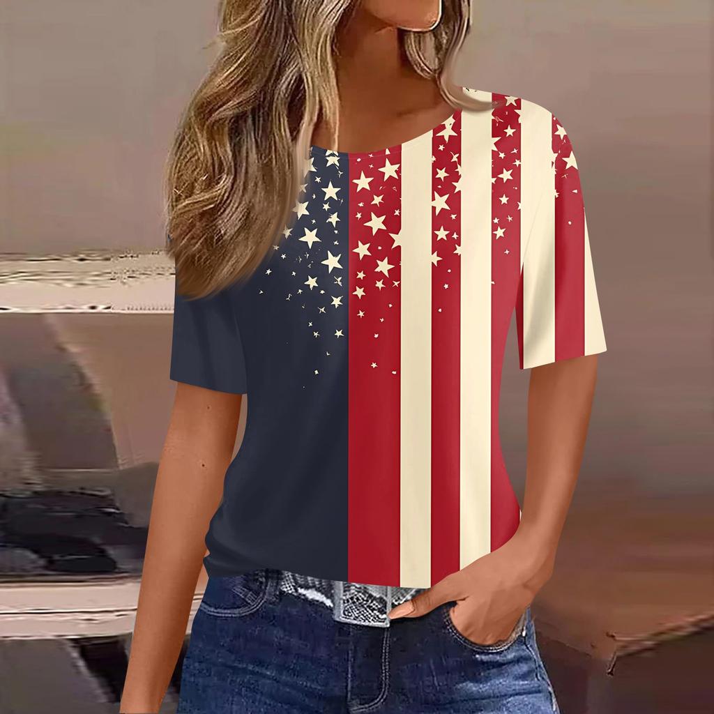 Damski modny, swobodny, krótki rękaw, nadruk, okrągły dekolt, bluzka typu pullover