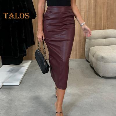 High-Waist Women Midi Skirt Solid Color Imitation Leather Skirt Slim Fit Back Slit Design Casual Party Skirt Daily Wear
