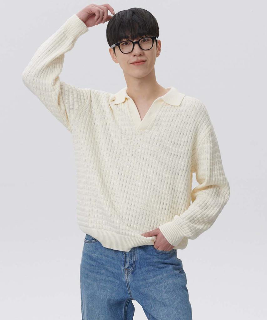 PLAC Waffle Long Sleeve Collared Knit Ivory