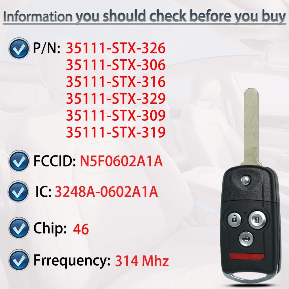 Key Fob Keyless Entry Fits For Acura MDX RDX 2007 2008 2009 2010 2011 2012 2013 Remote Control Flip Key Replacement N5F0602A1A 35111-STX-326 4 Button