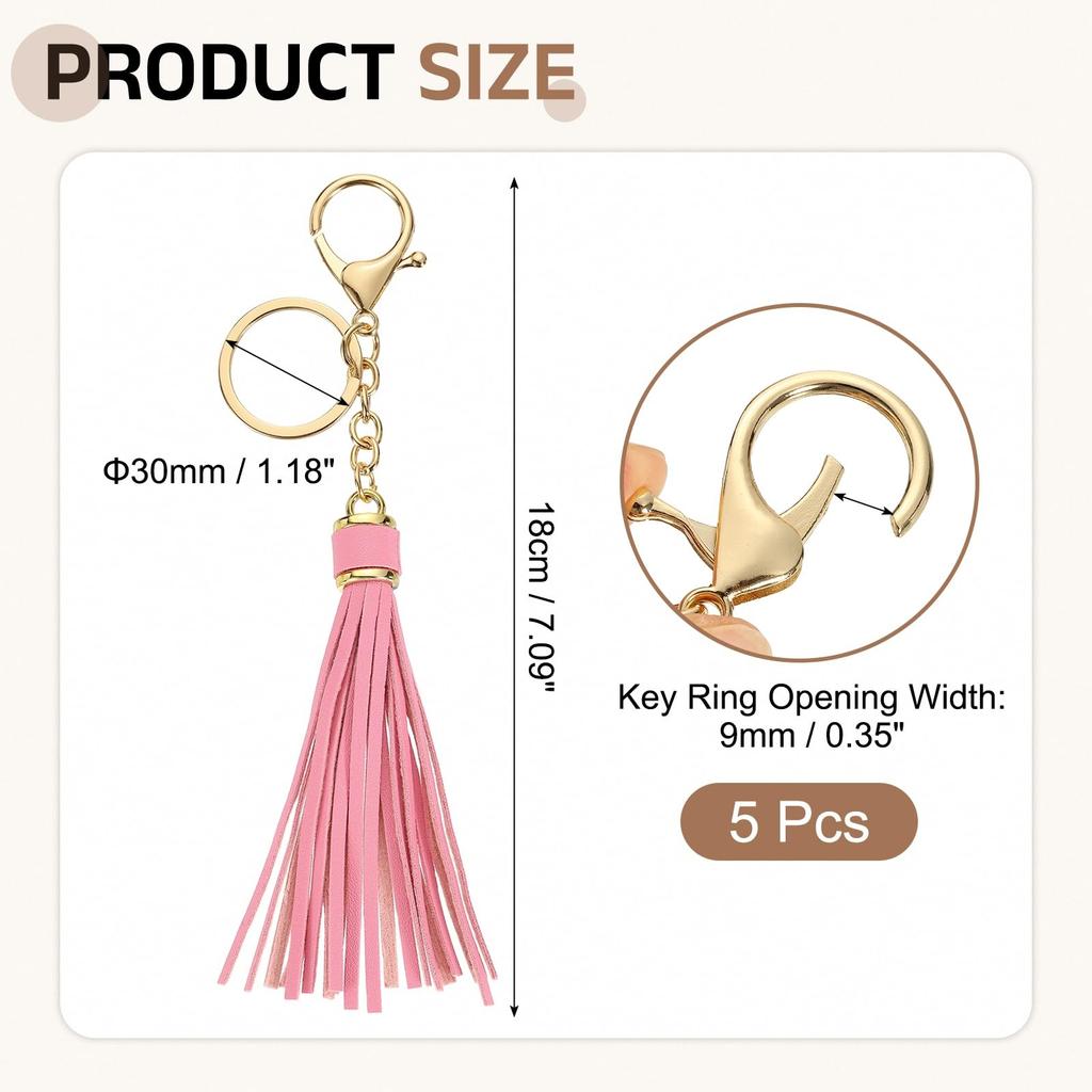uxcell 5-Piece Set of Leather Keychain Tassels for Women, Lobster Buckle Key Rings for Handbags, Wallets, and DIY Crafts, Pink