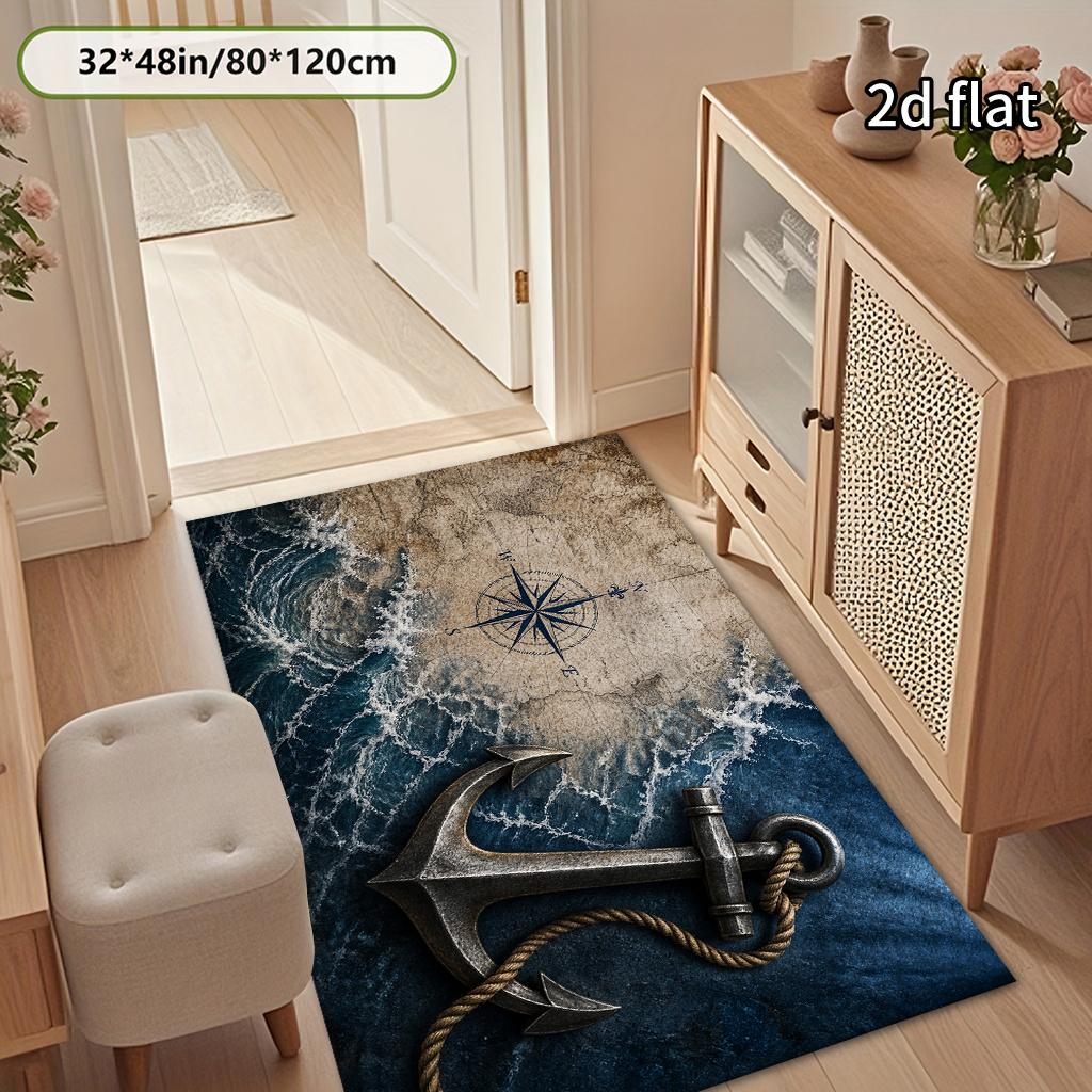 1pc Retro Nautical Anchor Pattern Area Rug, Blue‑Grey Maritime Style, Machine‑Washable & Soft, Classic Modern Design, Perfect