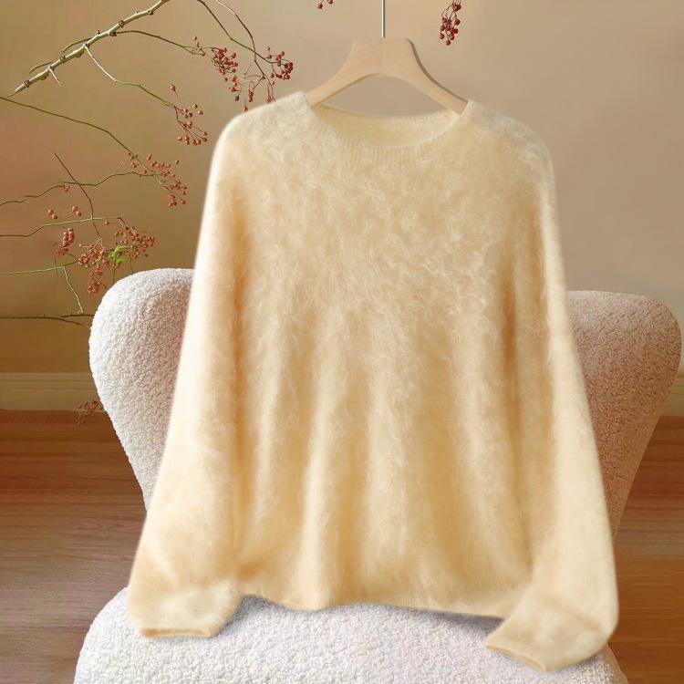 Women's Island Fine 100% Pure Cashmere Brushed Round Neck Loose Knit One-Piece Sweater for Babies