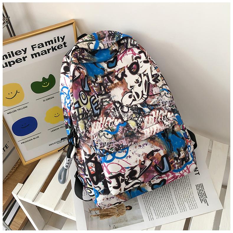 Schoolbag Backpack Men's 1 Trend Graffiti ins Large Capacity Fashion Printing Student Women's Backpack Waterproof and Wear-resistant White Ditch