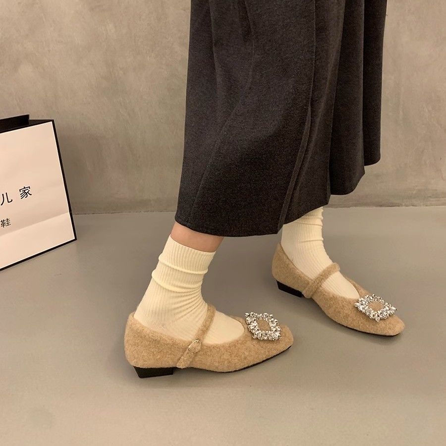 Fleece temperament Mary Jane shoes women's 2025 new French square head rhinestone woolen shoes women's winter flat shoes