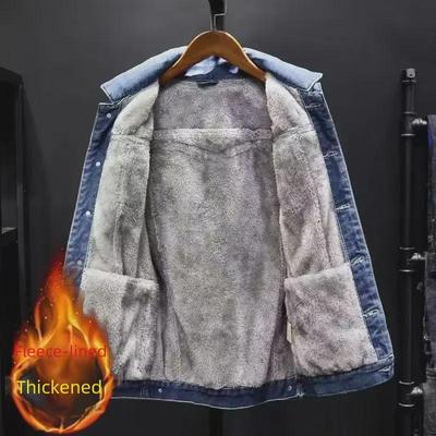 Men's Plush Thickened Denim Jacket - Lambskin Lined, Warm Cotton-Padded for Autumn/Winter