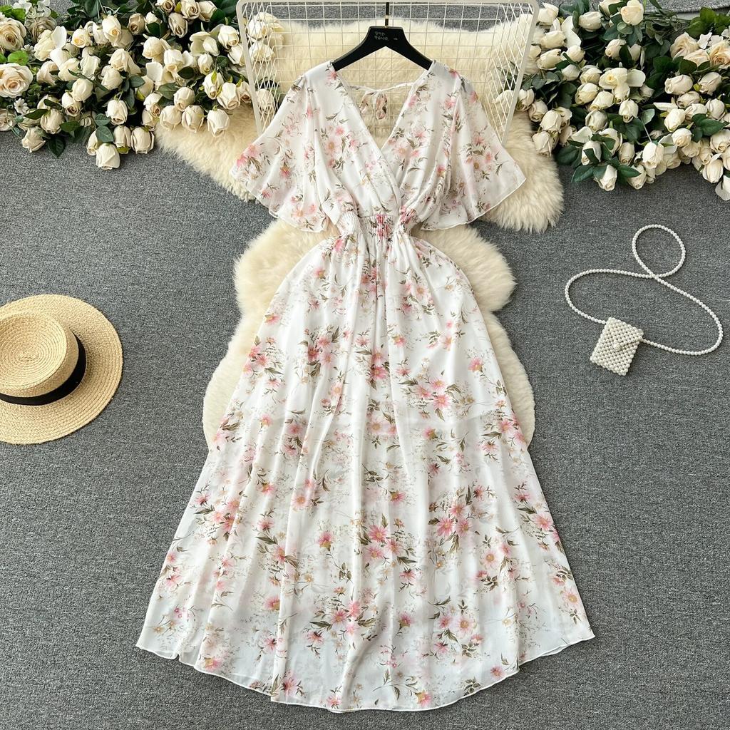 Abito Chiffon Stampato Sle Vacanza al Mare Donna Estate Nuovo Scollo a V Aderente in Vita Snellente Lunghezza Media Ampia Gonna a Ruota Moda