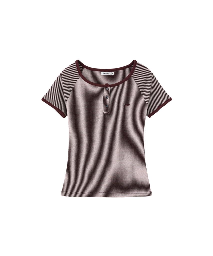 Lomaentinueo Stripe Henley Neck Short Sleeve T-Shirt (Red)