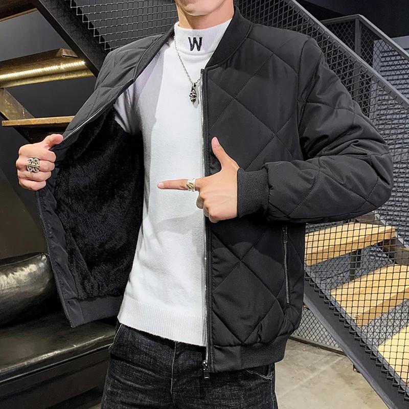 Autumn Winter New Cotton Padded Jacket Men Clothes Baseball Collar Parka Jackets Diamond Plaid Coat Men's Plush Puffer Jacket