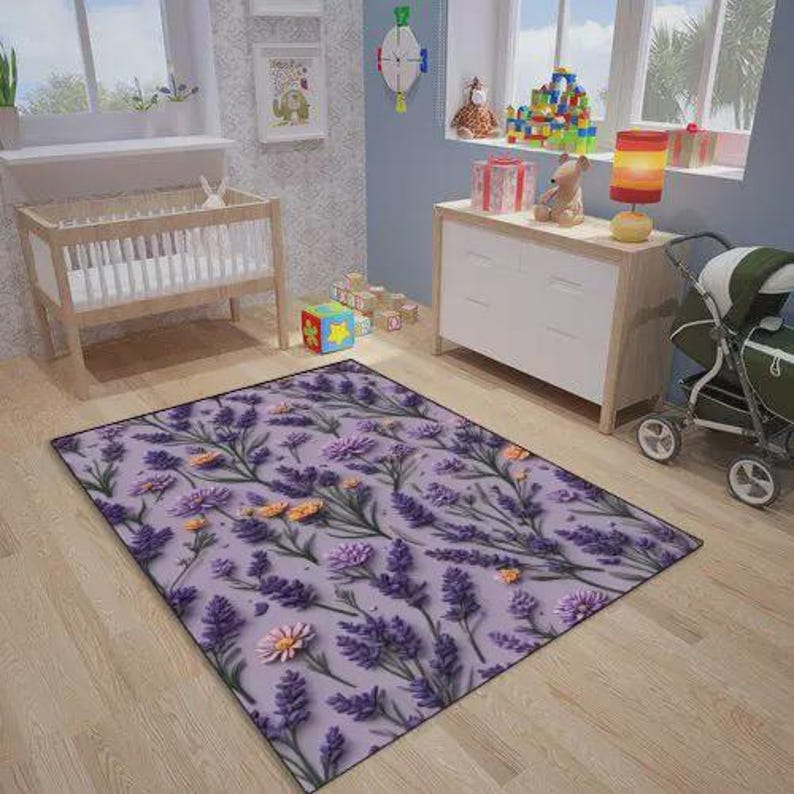 Lavender , Flower Vintage, Purple, Floral Kitchen Decor, Dried Lavender Bouquet Decor, Violet Living Room, Modern Rug