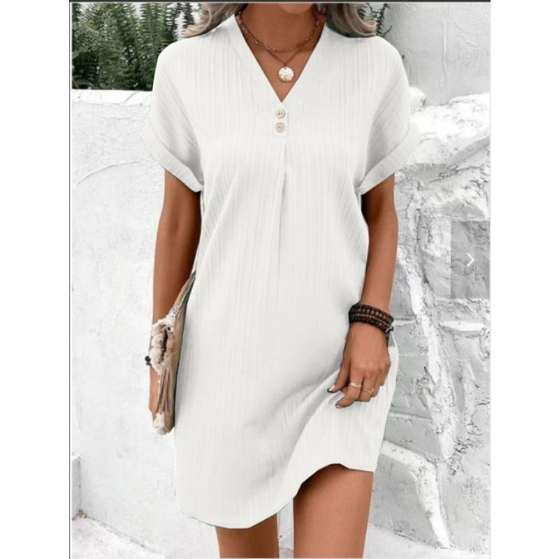 V-neck Solid Color Pullover Comfortable Casual Button Up Dress