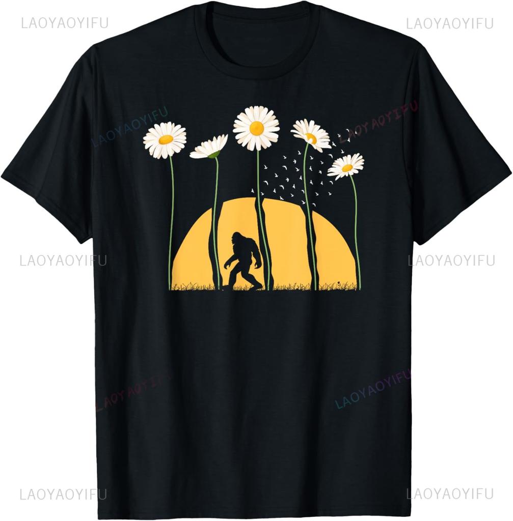 Stch Spring Sunset Towering Daisy Flowers Bigfoot TShirt Kawayi Short Sleeve Tee Vintage T Shirt Mens Clothing Camisasasqua