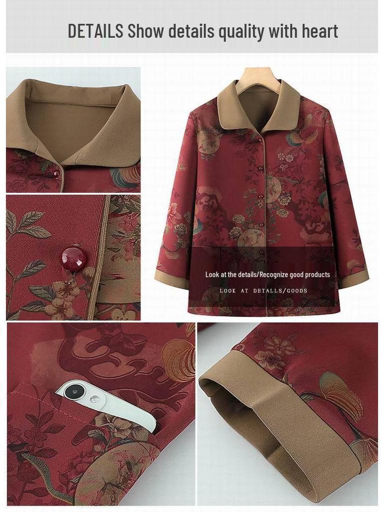 Grandma's Long-Sleeve Floral Shirt for Women Aged 60-80 - Spring/Autumn Turn-Down Collar Jacket