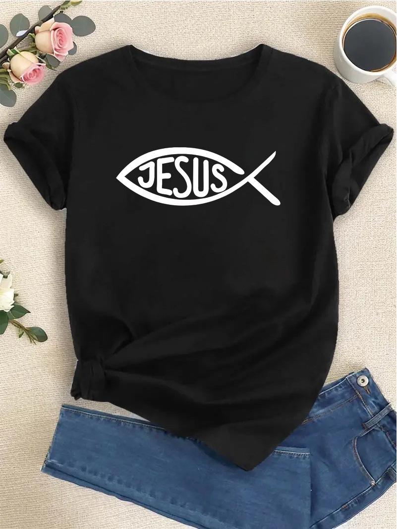 

2024 Христианская футболка с круглым вырезом и изображением рыбы Иисуса S