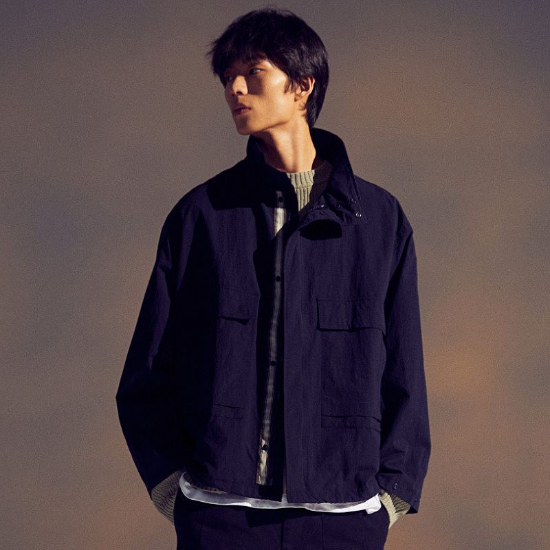 

HM Men s Clothing Jacket Autumn Stand Collar Long Sleeves Windproof Trendy Hydrophobic Plaid Zipper Outwear 1238525