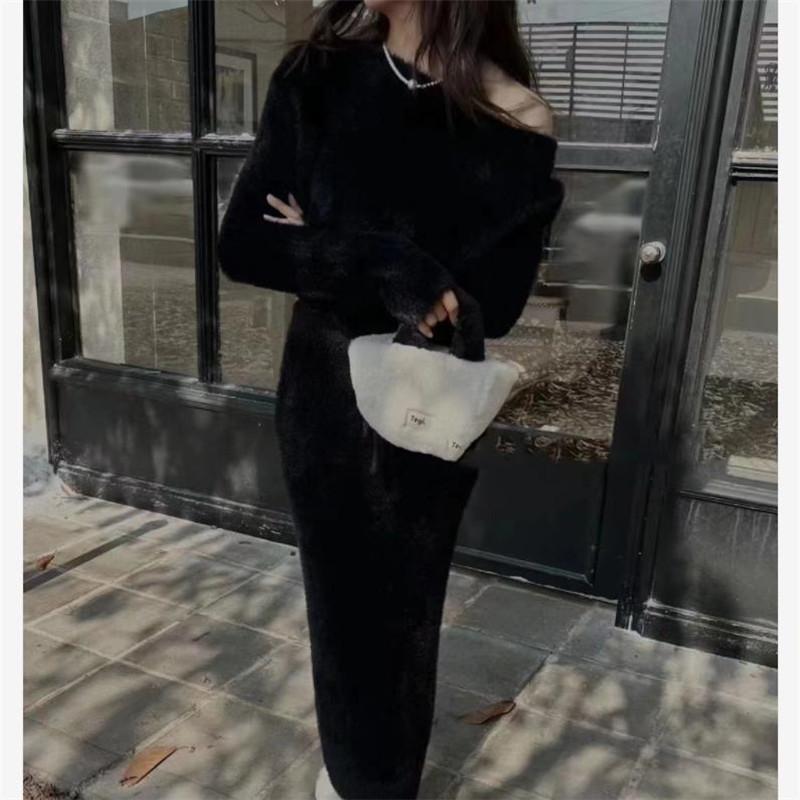 Woman Winter Skirt Sets O-neck Solid Knitted Sweater Mid-calf Skirts Vintange Fashion Two Piece Sets Womens Outifits
