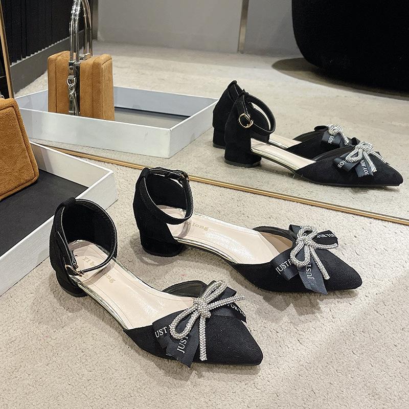 Baotou Sandals Women's Summer 2025 New Pointed Thick Heel Rhinestone Bow High Heel Single Shoes