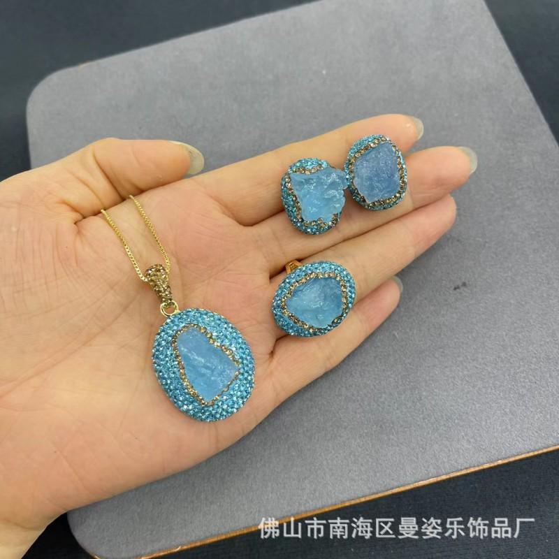 Handcrafted Sea Blue Chalcedony Stone Inlay Ceramic Clay Jewelry Set Women Earrings Necklace Bracelet