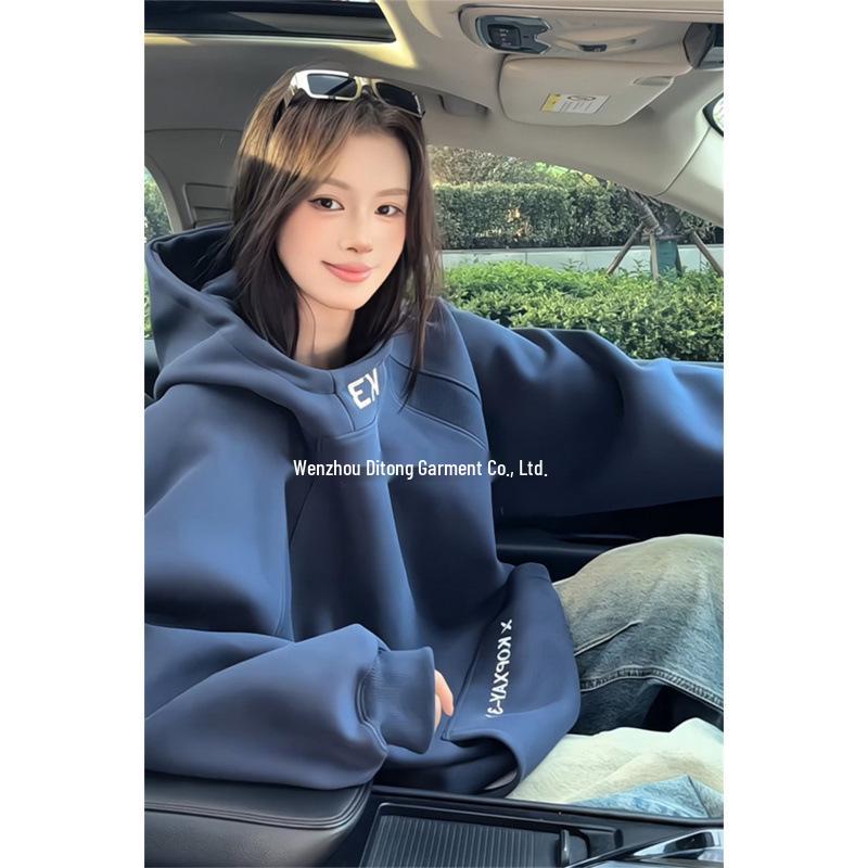 White  Gray High Neck Unisex Hooded Sweatshirt: Autumn/Winter American Style Patchwork Embroidered Pullover Jacket XXXL
