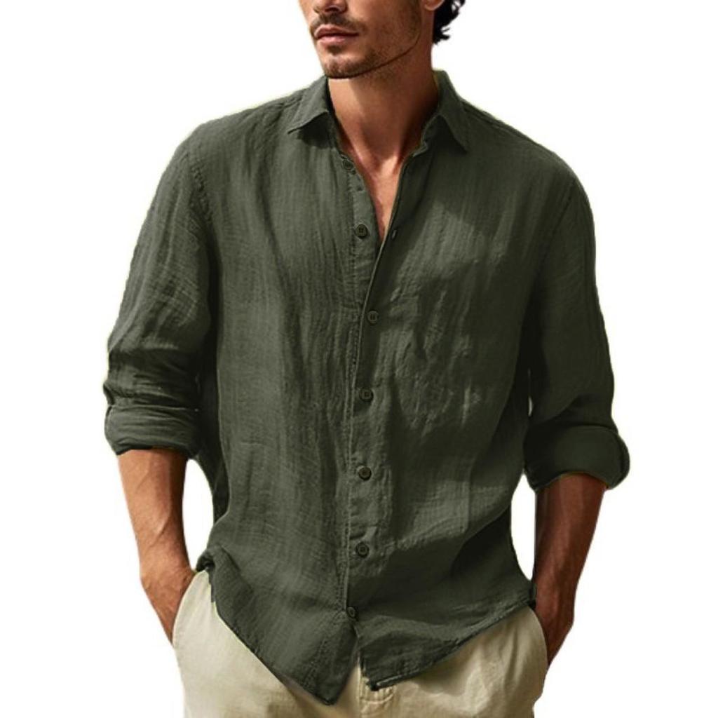 Chemise à Manches Longues pour Homme, Couleur Unie, Boutonnée, Décontractée Printemps/Été, Design à Revers