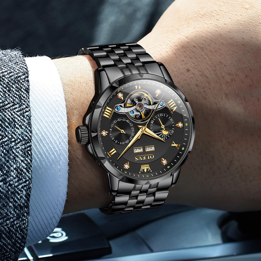 OLEVS Men's Mechanical Automatic Watch with Moon Phase Display, Stylish Skeleton Design, Waterproof, Popular, Luminous Watch, Black