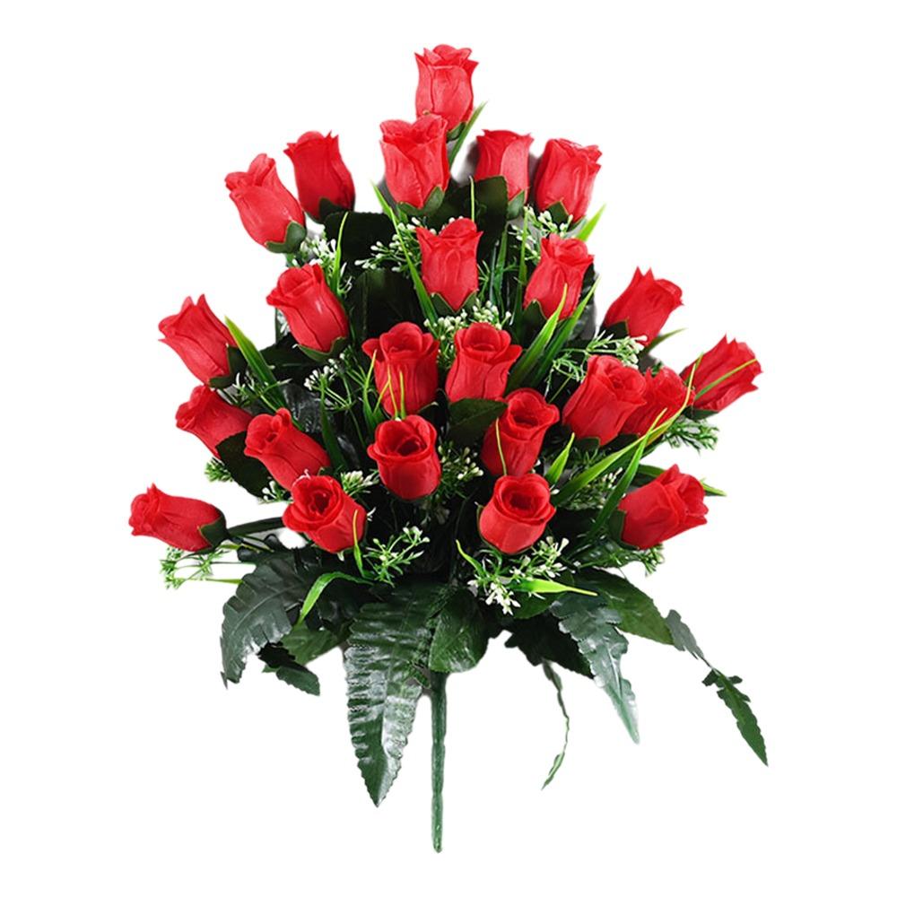 

New 24 Heads Artificial Cemetery Flowers Faux Fake Silk Red Blue White Roses Bouquet Grave Decorations for Headstones