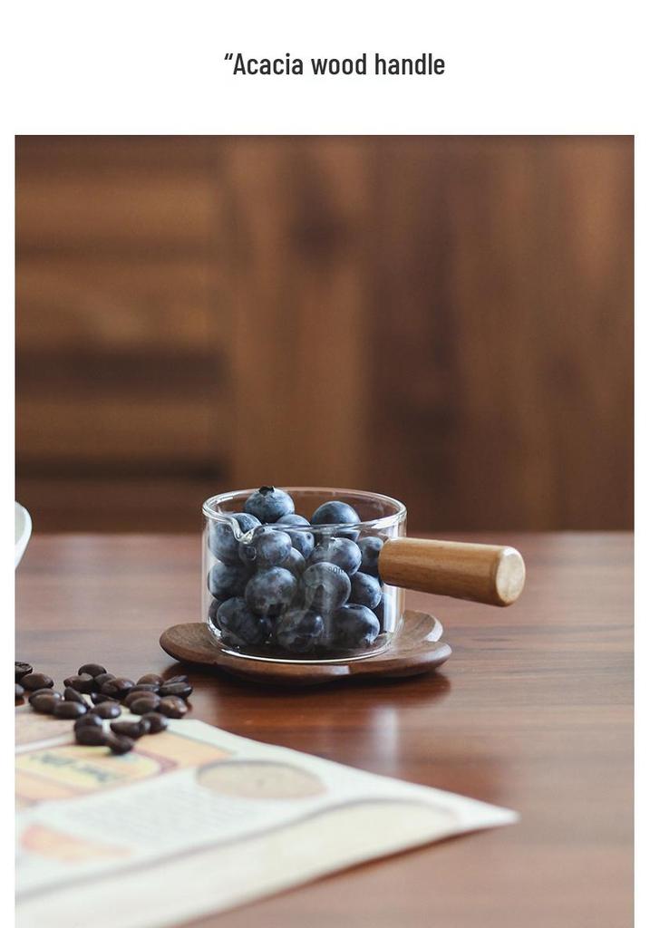 Heat-Resistant Glass Milk Jug with Wooden Handle & Measurement Markings, Ideal for Coffee, Baking & Household Use