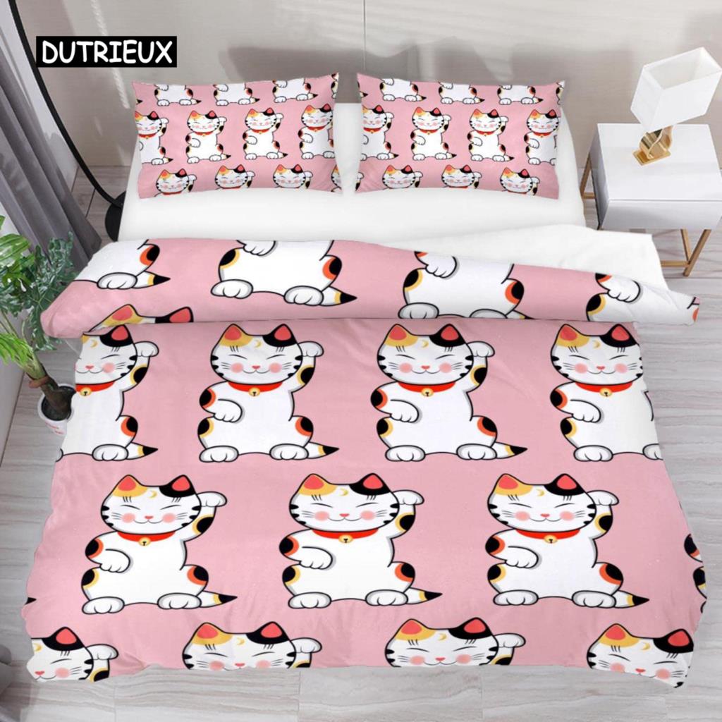 Japanese Lucky Cat Duvet Cover Set Kawaii Cats Bedding Set for Kids Boys Girls Exotic Style Black White Kitten Comforter Cover