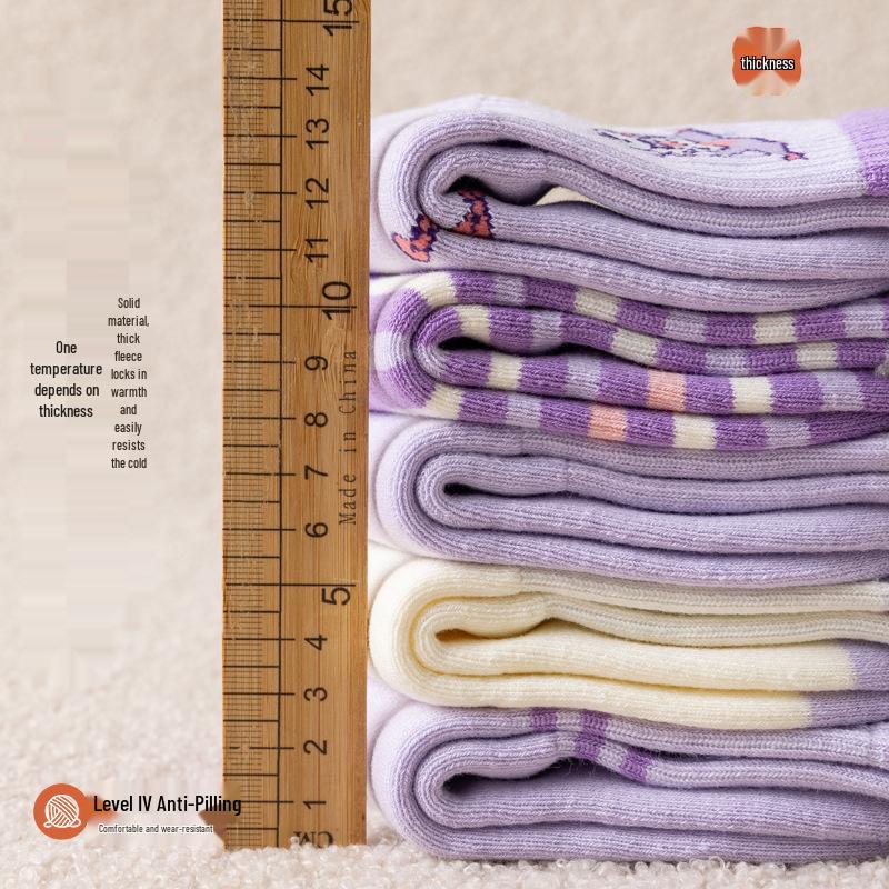 Kuromi Girls' Thick Winter Cotton Socks - Plus Velvet, Warm Terry for Autumn & Winter