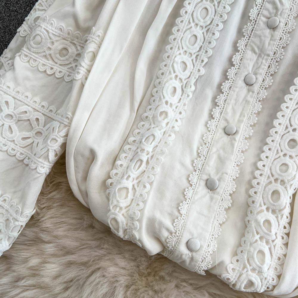 Lace Panel Long Sve Irt And High Waist Flared Skirt Set Women's Faion Ensemble Hollow Out Design Slimming Women Suit 2 Pieces Set