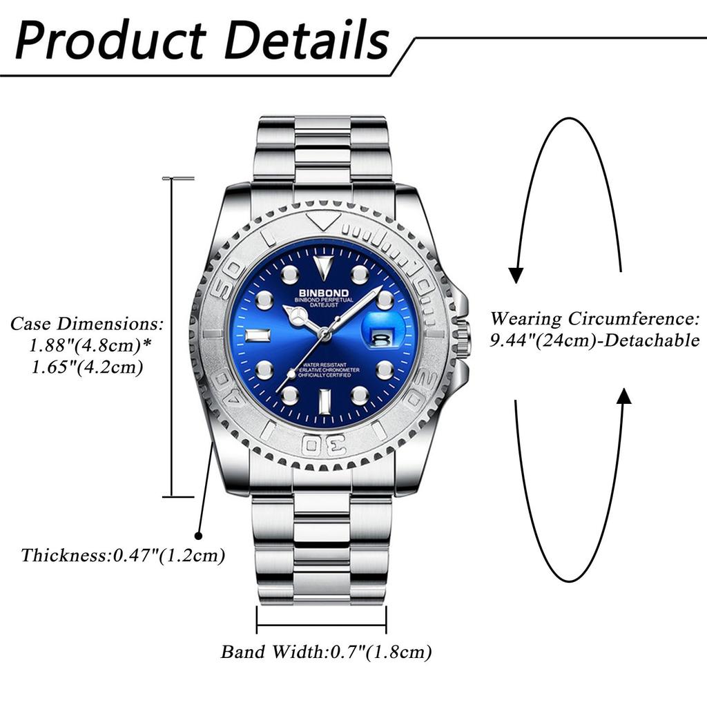 Silver Waterproof Watch with Calendar Luminous Analogue Watch with Rotatable Stainless Steel Simple and Stylish Quartz Watch for Casual and Business