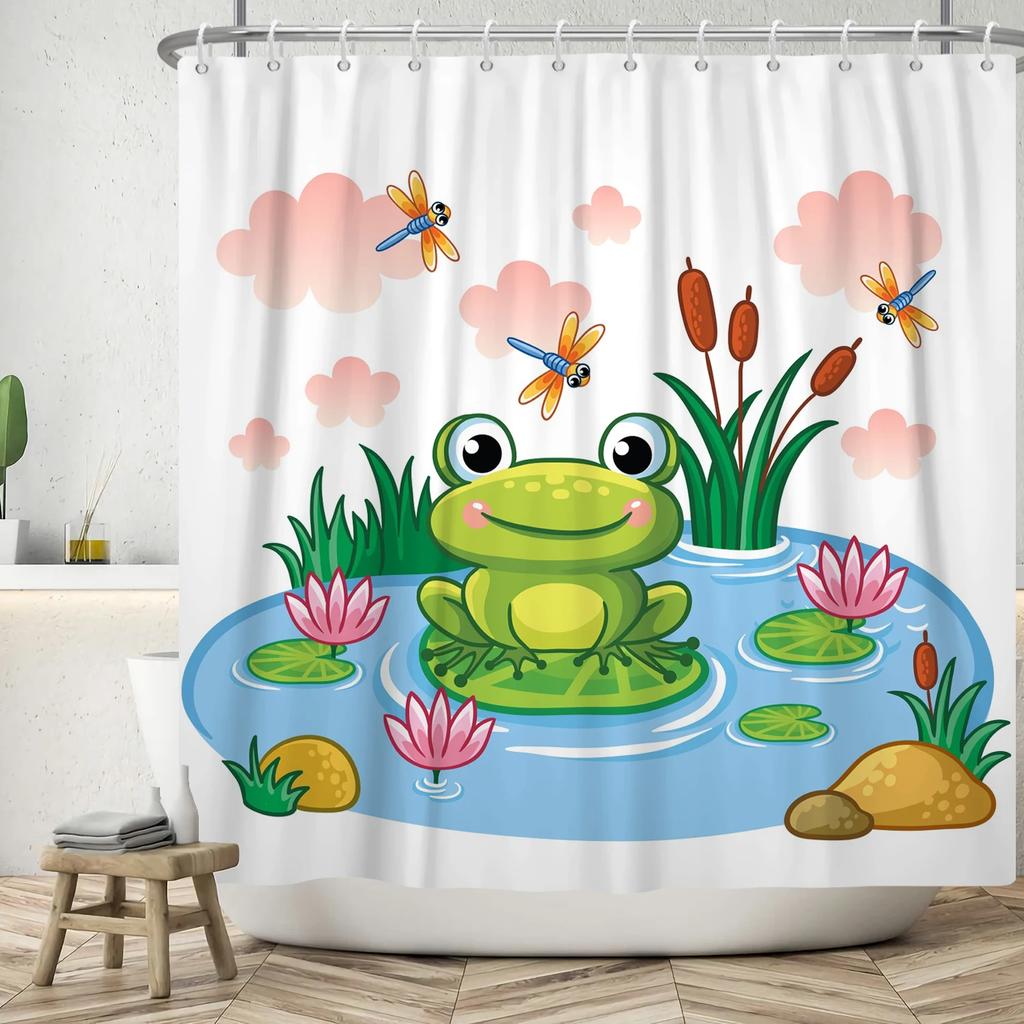 Lustiger Frosch Duschvorhang für Badezimmer Pilz Schmetterling Floral Grüne Pflanze Cartoon Tier Wasserdicht Polyester Duschvorhang