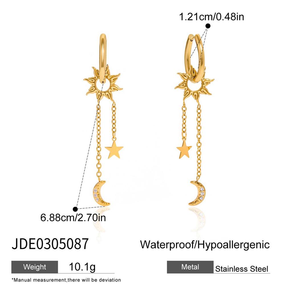 Youthway Fashion Pentagram + Sun Dangle Tassel Earrings Stainless Steel Gold Color Plated With Zirconia Women'S Earrings