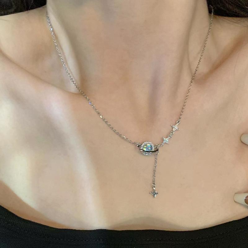 Shiny Planet Necklace For Women Girls Silver Color  Pendant Clavicle Chain Necklace  Trendy Party Jewelry Gift
