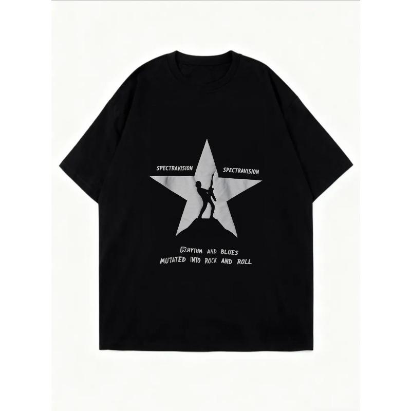 White Oversized T-Shirt With Star Graphic And Rock And Roll Text Print For Casual Wear