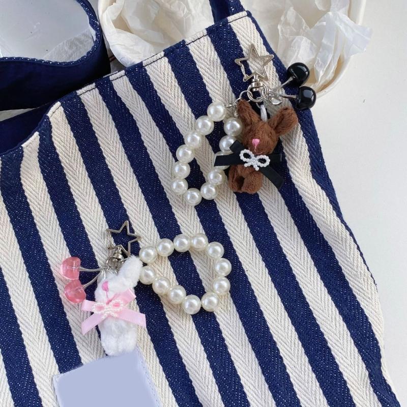 Adorable Rabbit Cherry Charm Keychain With Imitation Pearls Detachable Phone Strap Bag Accessories For Girls