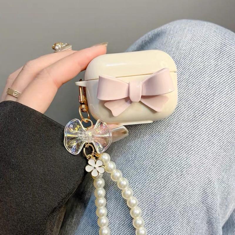 

Suitable Airpods4 Protective Case Apple Bluetooth Airpodspro Fashionable Headphone Cover Bow Tie Pearl Chain AirPods 1 2