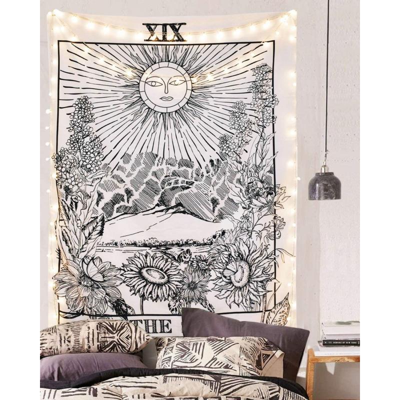 VIKAMA Sonne Tarot Wandteppich Ins-Stil Schwarz & Weiß Vintage Linienkunst Wohnzimmer & Schlafzimmer Akzentwand Dekor Heimdekoration