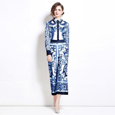 Ensemble 2 pièces Femme Imprimé Créateur Mode Printemps Automne Chemise à Revers et Pantalon à Poches Taille Élastique