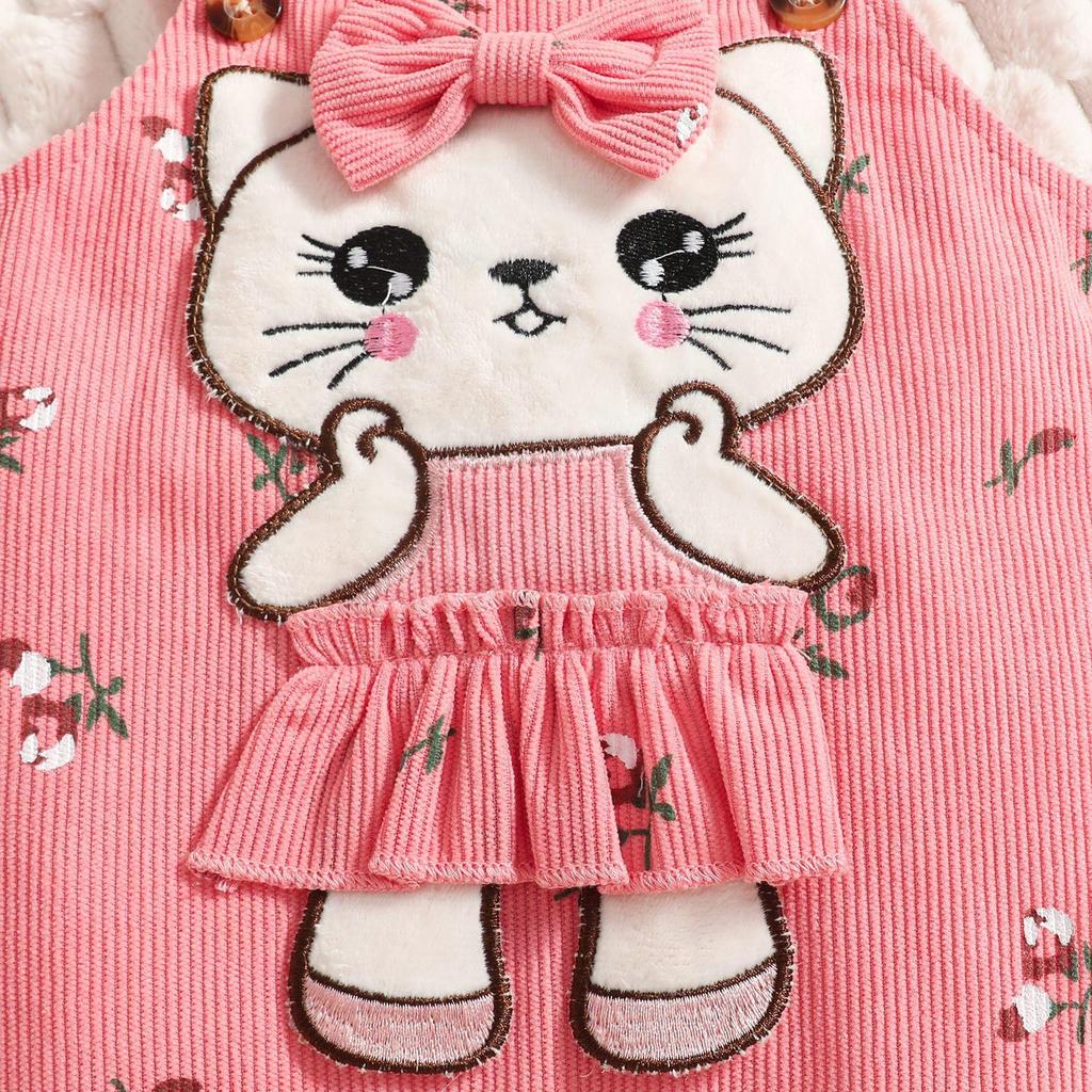 European & American Summer Baby Bodysuit + Cat Applique Floral Overalls & Headband Set