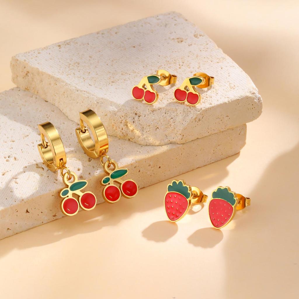 3pc Heart Shaped Cherry Strawberry Cross Earrings,Gold Color Stainless Steel Women's Earrings,Punk Set Jewelry Gift