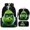 Green Hair Monster Grinch School Bag Campus 12345th and 6th Grade Backpack Lightweight Weight Loss Computer Bag Three-piece Set